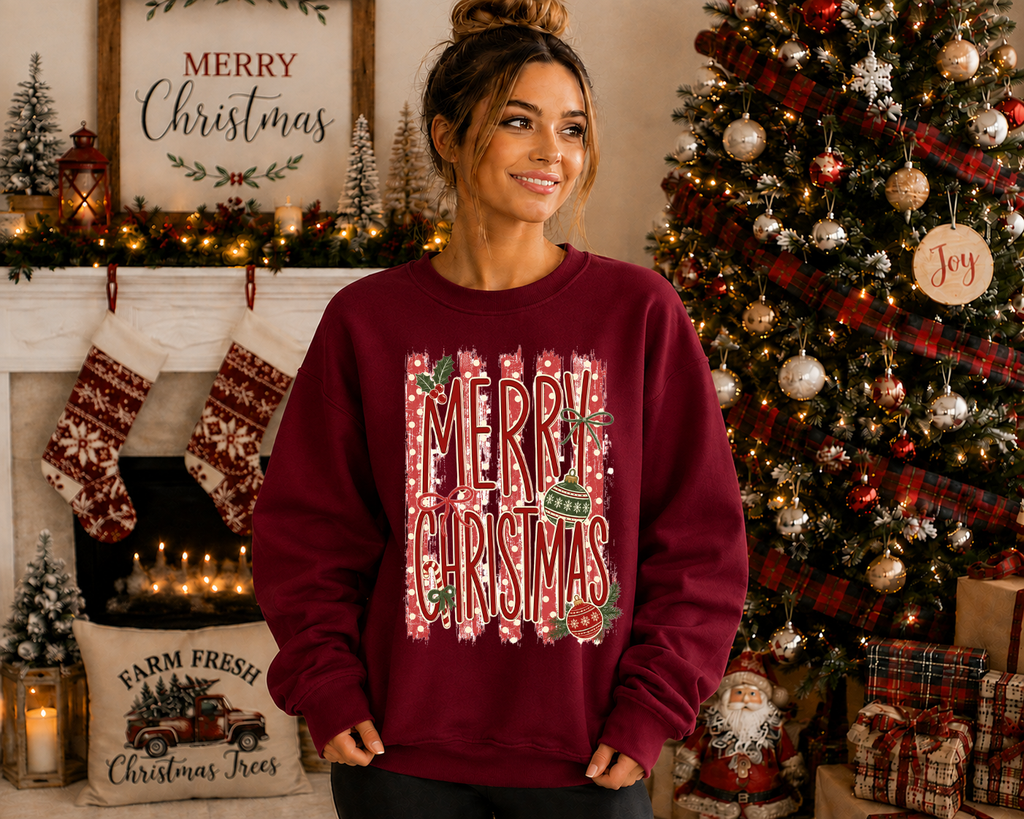 Merry Christmas Gildan Sweatshirt | Vintage Christmas Ornament Graphic Crewneck | Festive Red & Green Holiday Sweatshirt