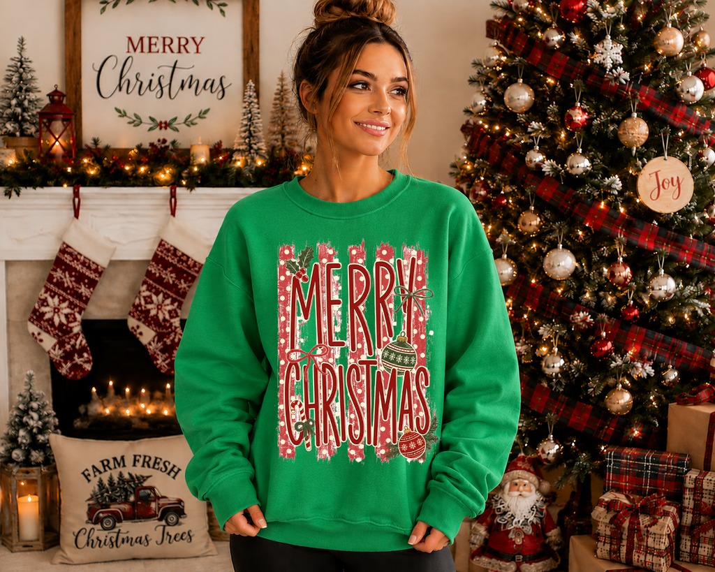 Merry Christmas Gildan Sweatshirt | Vintage Christmas Ornament Graphic Crewneck | Festive Red & Green Holiday Sweatshirt