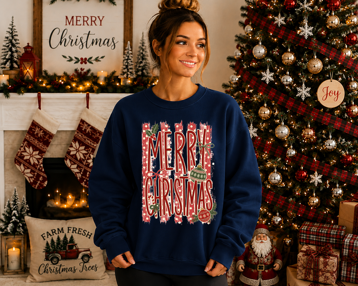 Merry Christmas Gildan Sweatshirt | Vintage Christmas Ornament Graphic Crewneck | Festive Red & Green Holiday Sweatshirt
