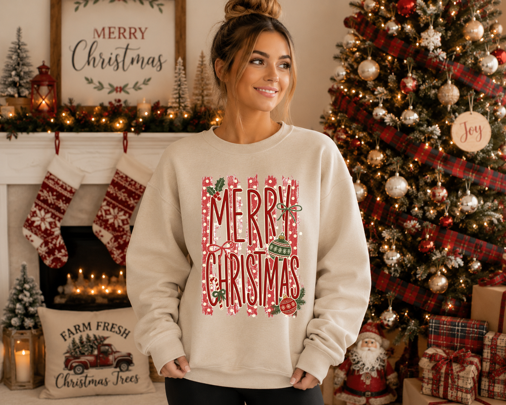 Merry Christmas Gildan Sweatshirt | Vintage Christmas Ornament Graphic Crewneck | Festive Red & Green Holiday Sweatshirt