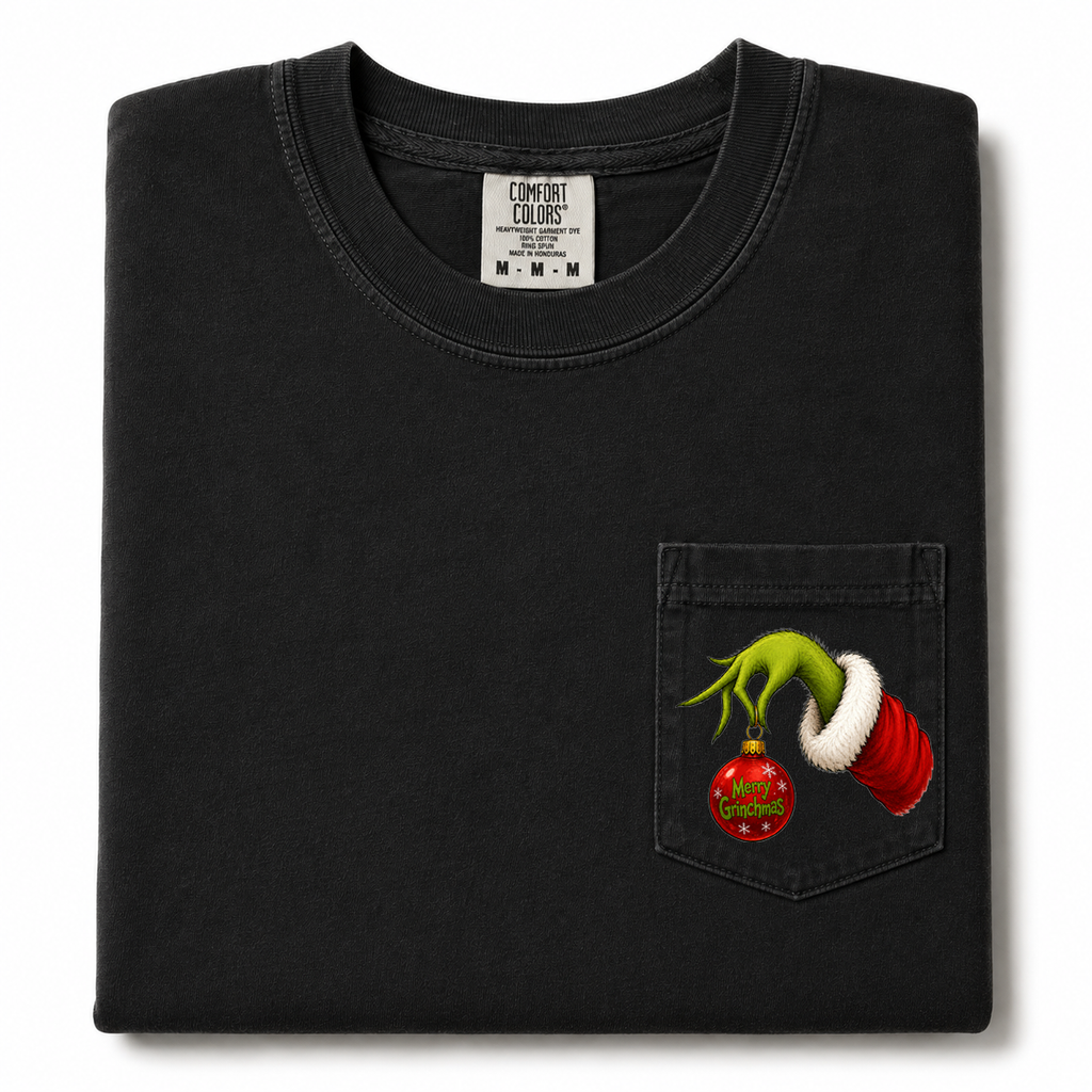 Merry Grinchmas Comfort Colors Pocket T-Shirt | Funny Christmas Graphic Tee | Holiday Grinch Hand Ornament Shirt