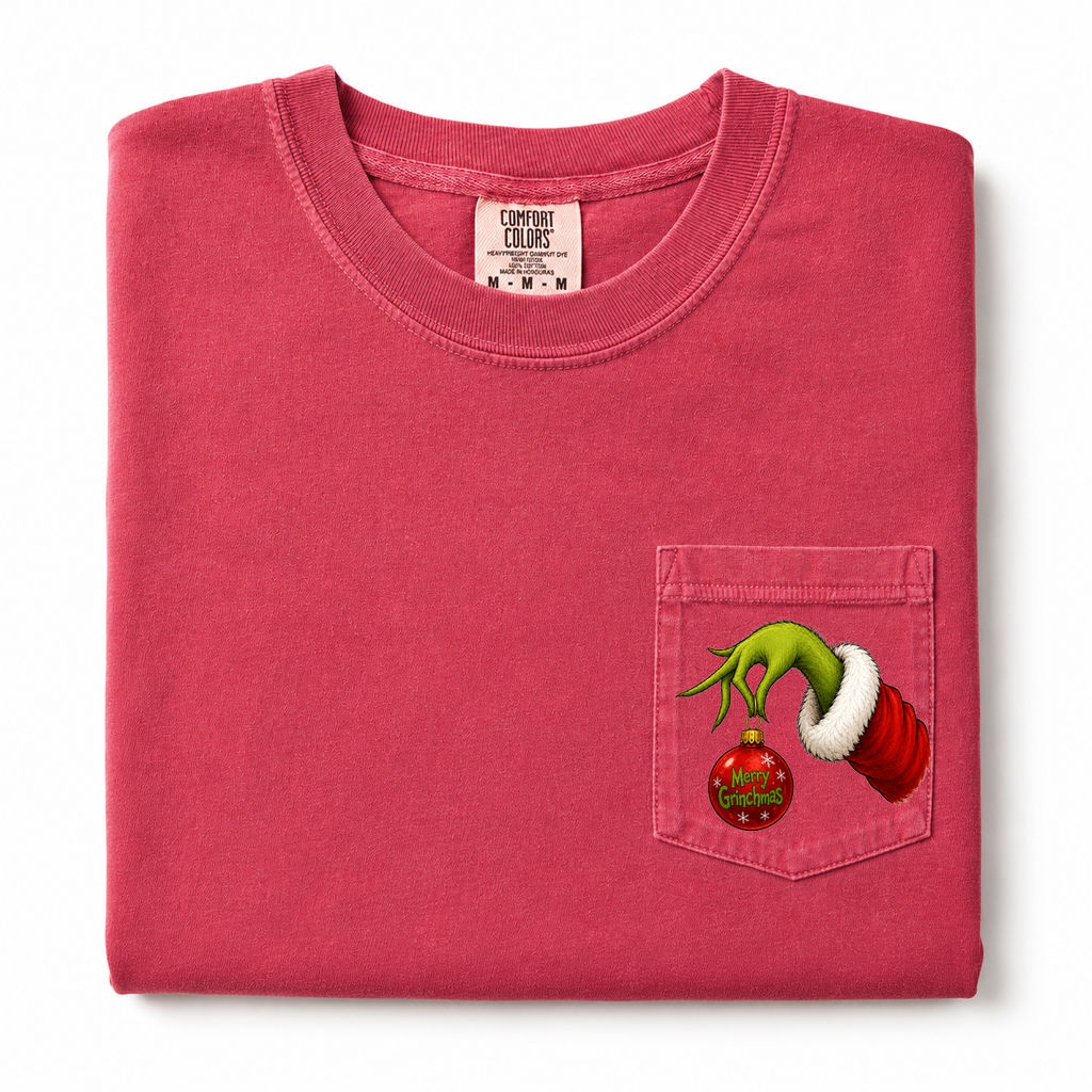 Merry Grinchmas Comfort Colors Pocket T-Shirt | Funny Christmas Graphic Tee | Holiday Grinch Hand Ornament Shirt