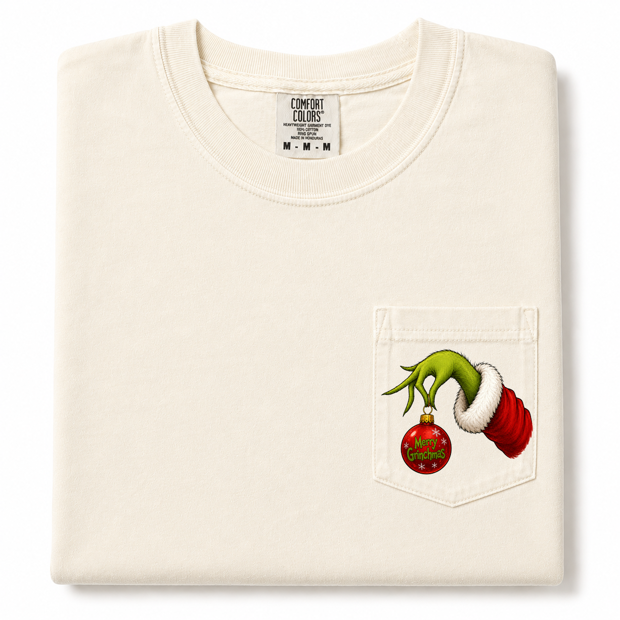Merry Grinchmas Comfort Colors Pocket T-Shirt | Funny Christmas Graphic Tee | Holiday Grinch Hand Ornament Shirt