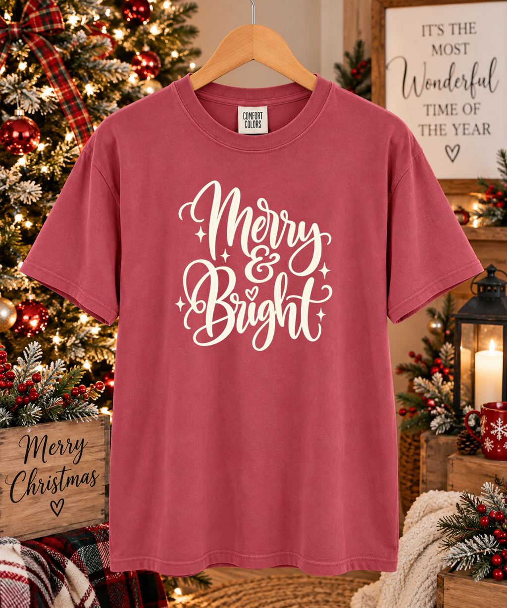 Merry & Bright Christmas Comfort Colors T-Shirt – Cute Holiday Graphic Tee, Festive Christmas Shirt, Cozy Merry and Bright Tee