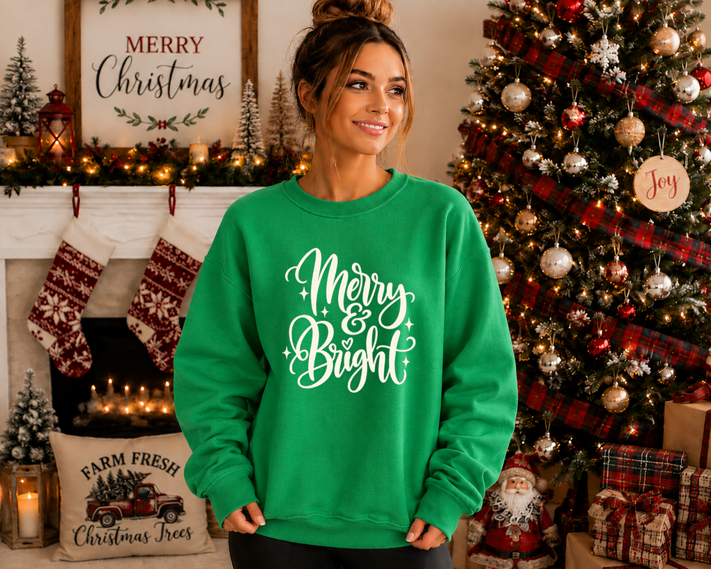 Merry & Bright Christmas Sweatshirt – Festive Holiday Crewneck, Cute Christmas Graphic Sweatshirt, Cozy Merry and Bright Shirt
