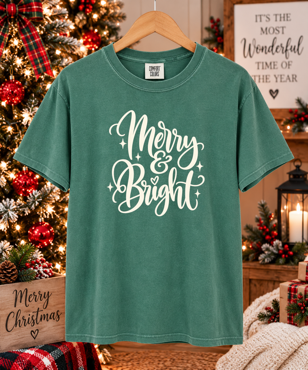 Merry & Bright Christmas Comfort Colors T-Shirt – Cute Holiday Graphic Tee, Festive Christmas Shirt, Cozy Merry and Bright Tee