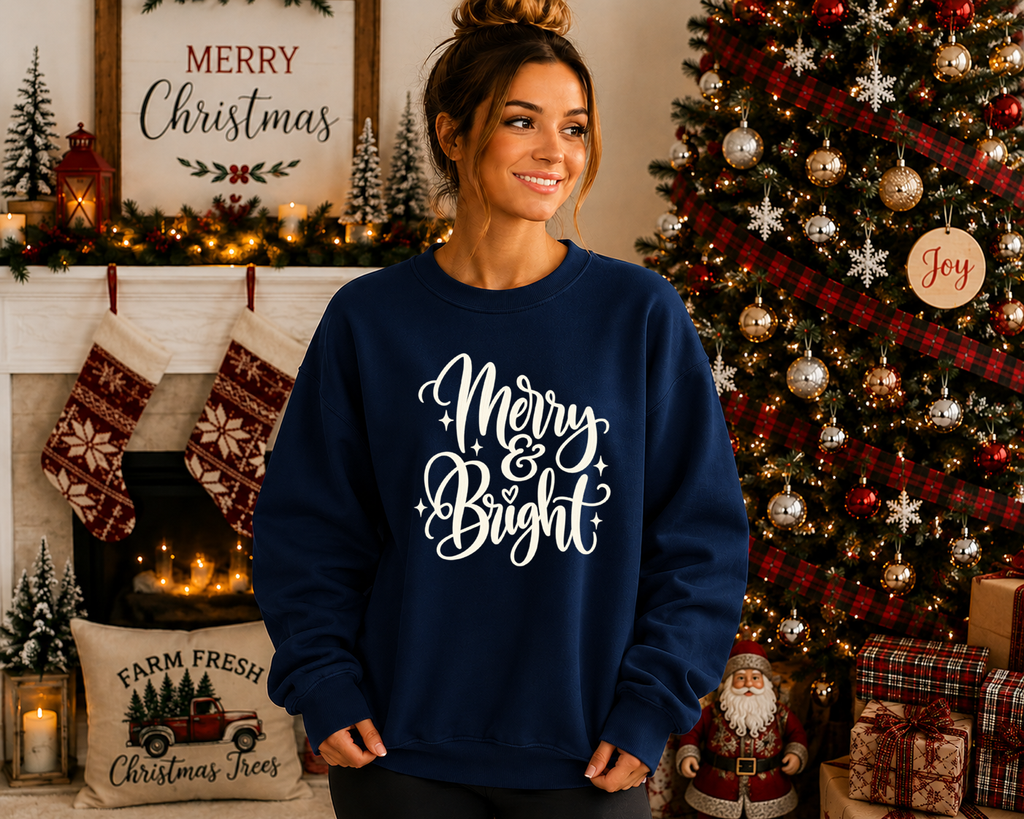 Merry & Bright Christmas Sweatshirt – Festive Holiday Crewneck, Cute Christmas Graphic Sweatshirt, Cozy Merry and Bright Shirt