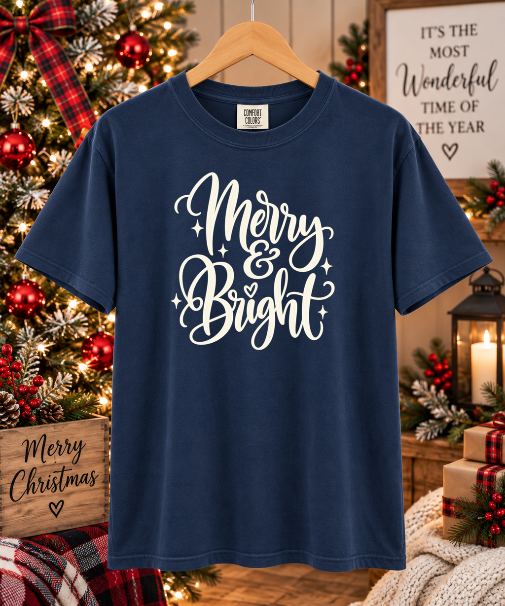 Merry & Bright Christmas Comfort Colors T-Shirt – Cute Holiday Graphic Tee, Festive Christmas Shirt, Cozy Merry and Bright Tee