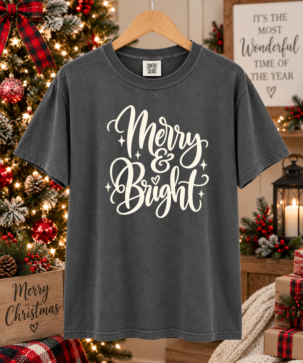Merry & Bright Christmas Comfort Colors T-Shirt – Cute Holiday Graphic Tee, Festive Christmas Shirt, Cozy Merry and Bright Tee