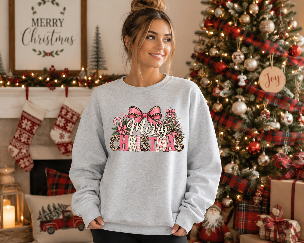 Merry Christmas Gildan Sweatshirt | Pink Bow & Leopard Print Christmas Crewneck | Cute Girly Holiday Graphic Sweatshirt