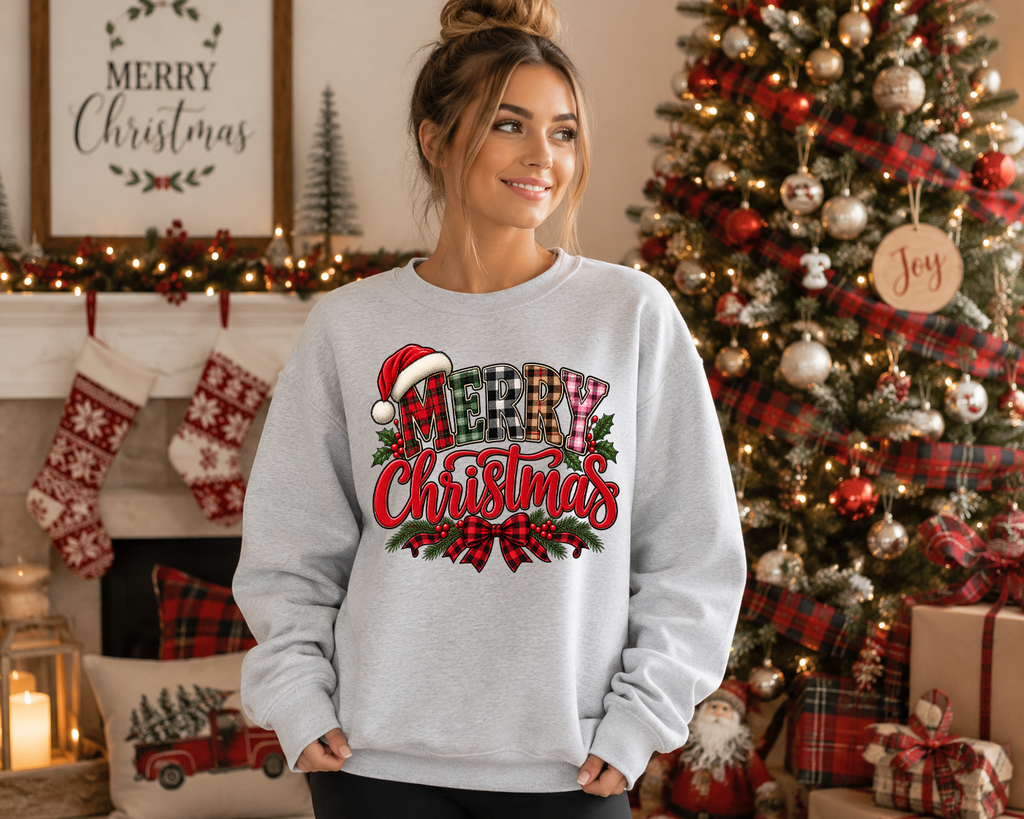 Merry Christmas Gildan Sweatshirt | Plaid Christmas Graphic Crewneck | Santa Hat & Buffalo Plaid Holiday Sweatshirt