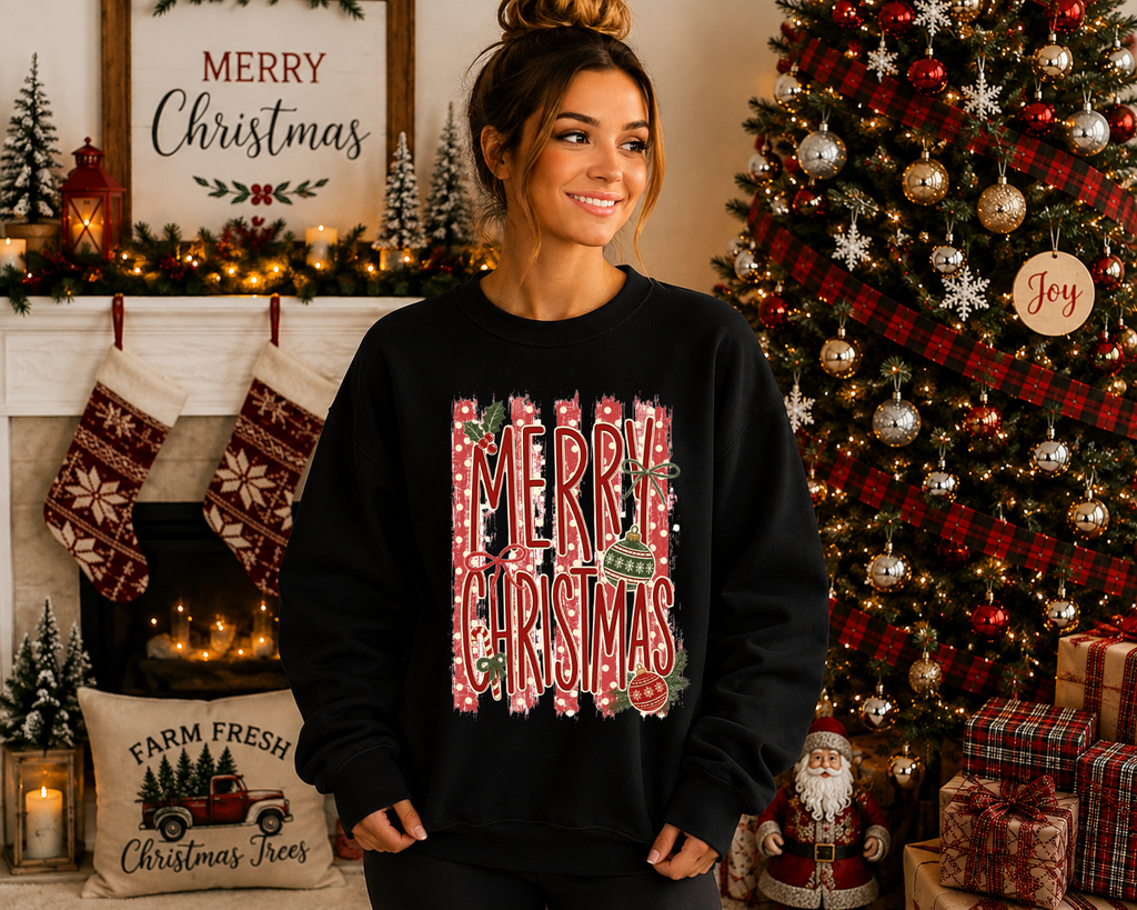 Merry Christmas Gildan Sweatshirt | Vintage Christmas Ornament Graphic Crewneck | Festive Red & Green Holiday Sweatshirt