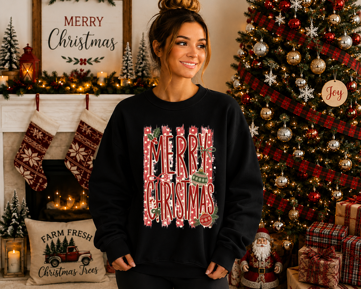 Merry Christmas Gildan Sweatshirt | Vintage Christmas Ornament Graphic Crewneck | Festive Red & Green Holiday Sweatshirt