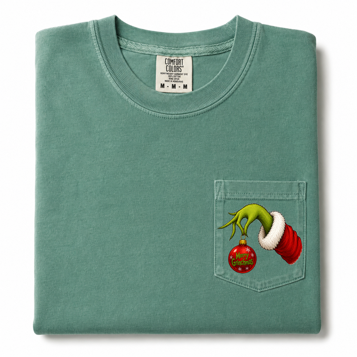 Merry Grinchmas Comfort Colors Pocket T-Shirt | Funny Christmas Graphic Tee | Holiday Grinch Hand Ornament Shirt