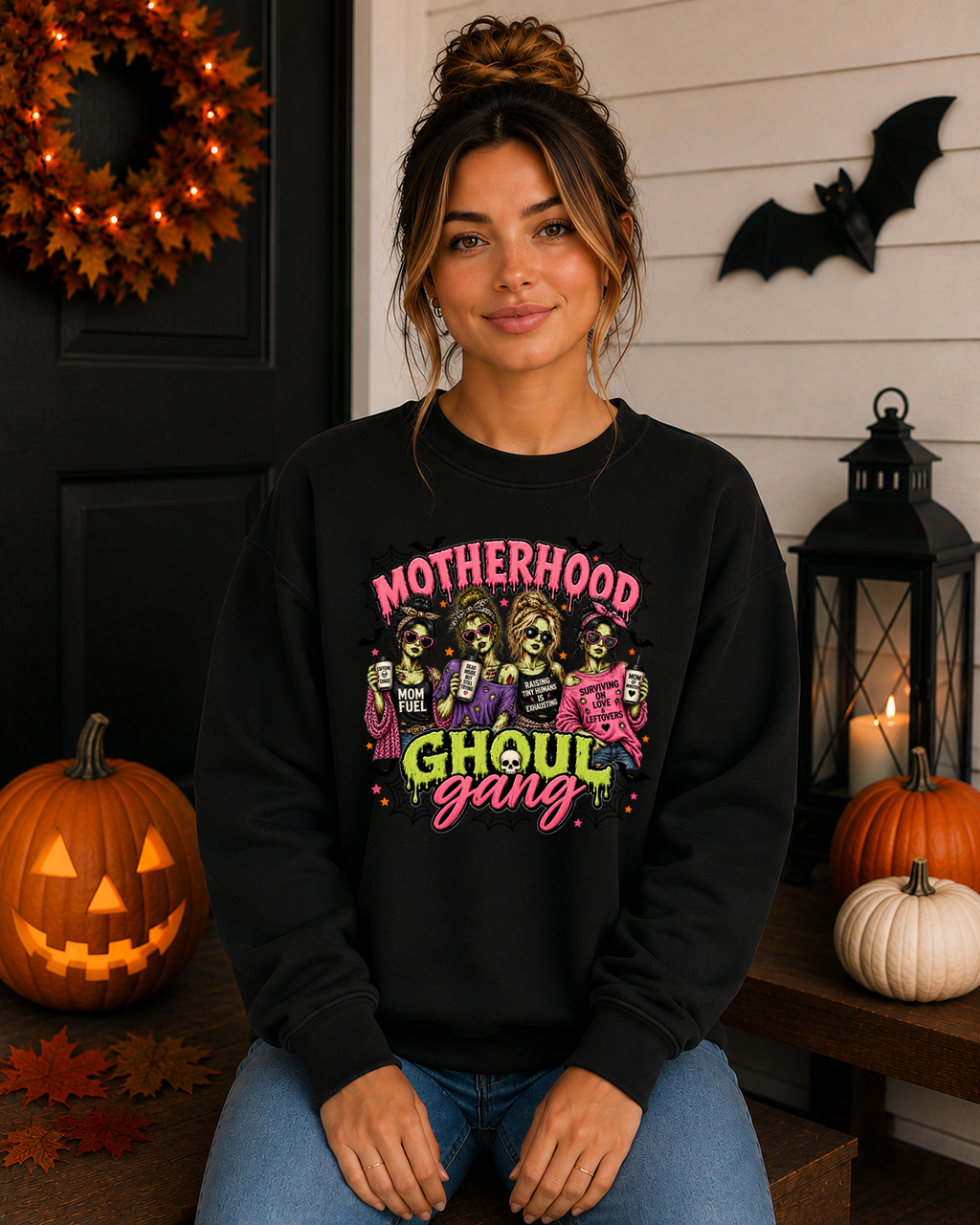 Motherhood Ghoul Gang Halloween Sweatshirt | Funny Mom Halloween Crewneck | Zombie Mom Graphic Sweatshirt | Spooky Mama Fall Shirt