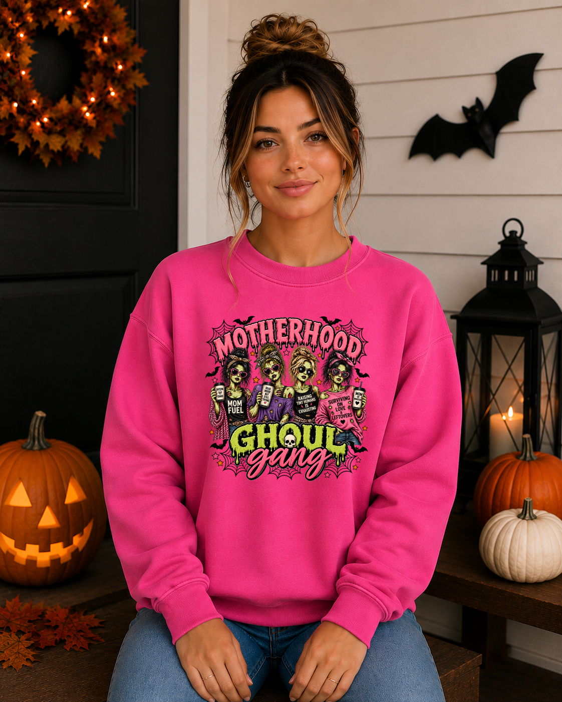Motherhood Ghoul Gang Halloween Sweatshirt | Funny Mom Halloween Crewneck | Zombie Mom Graphic Sweatshirt | Spooky Mama Fall Shirt