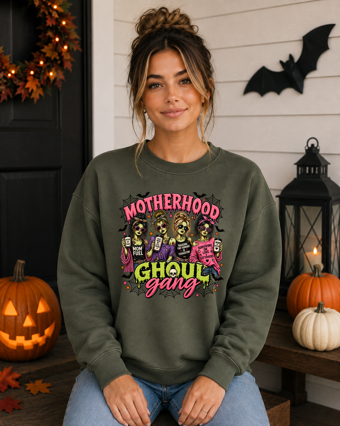 Motherhood Ghoul Gang Halloween Sweatshirt | Funny Mom Halloween Crewneck | Zombie Mom Graphic Sweatshirt | Spooky Mama Fall Shirt