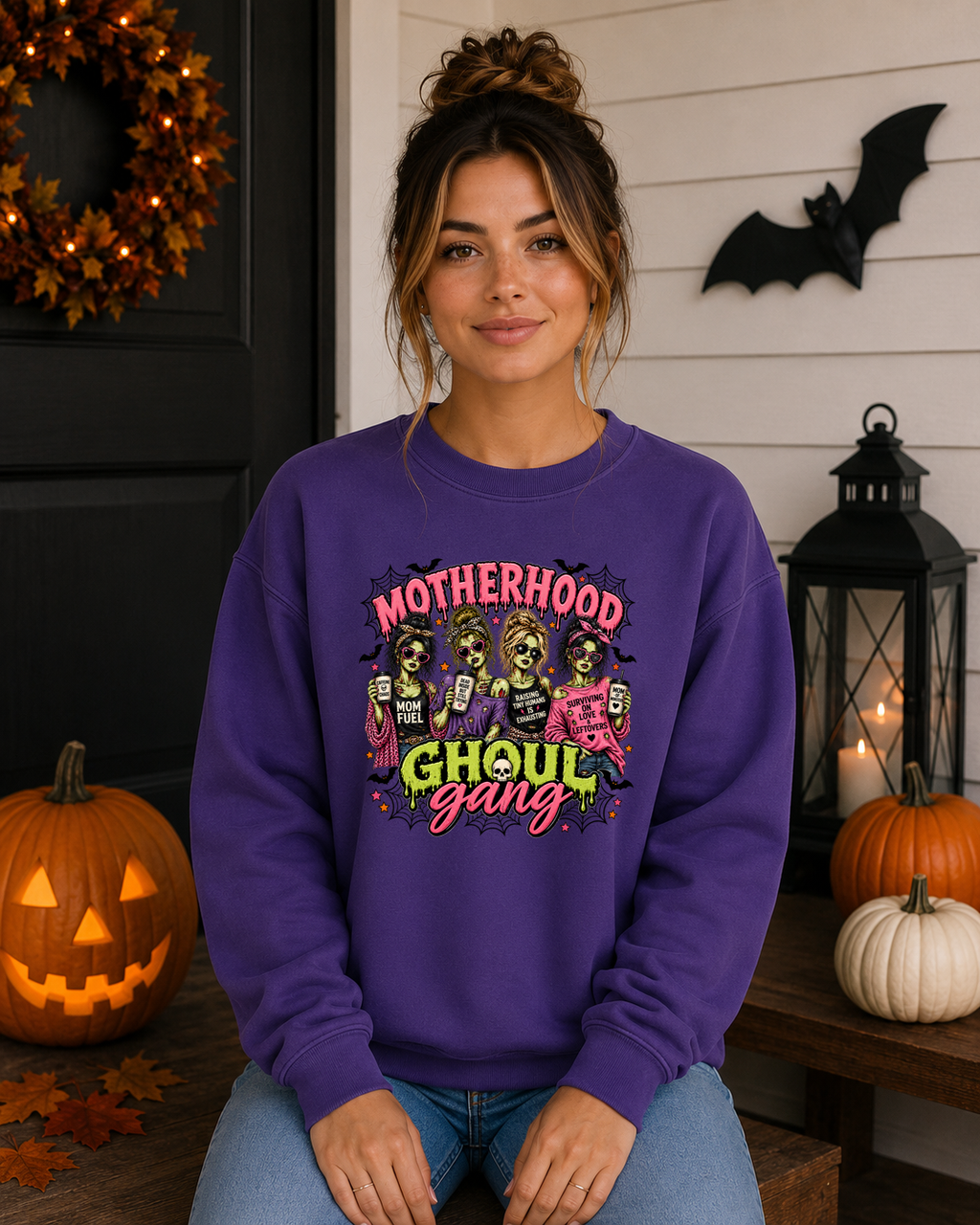 Motherhood Ghoul Gang Halloween Sweatshirt | Funny Mom Halloween Crewneck | Zombie Mom Graphic Sweatshirt | Spooky Mama Fall Shirt