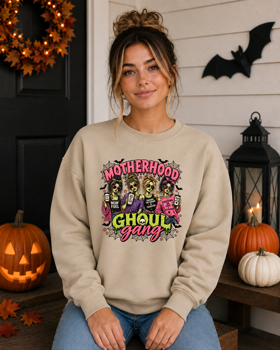 Motherhood Ghoul Gang Halloween Sweatshirt | Funny Mom Halloween Crewneck | Zombie Mom Graphic Sweatshirt | Spooky Mama Fall Shirt