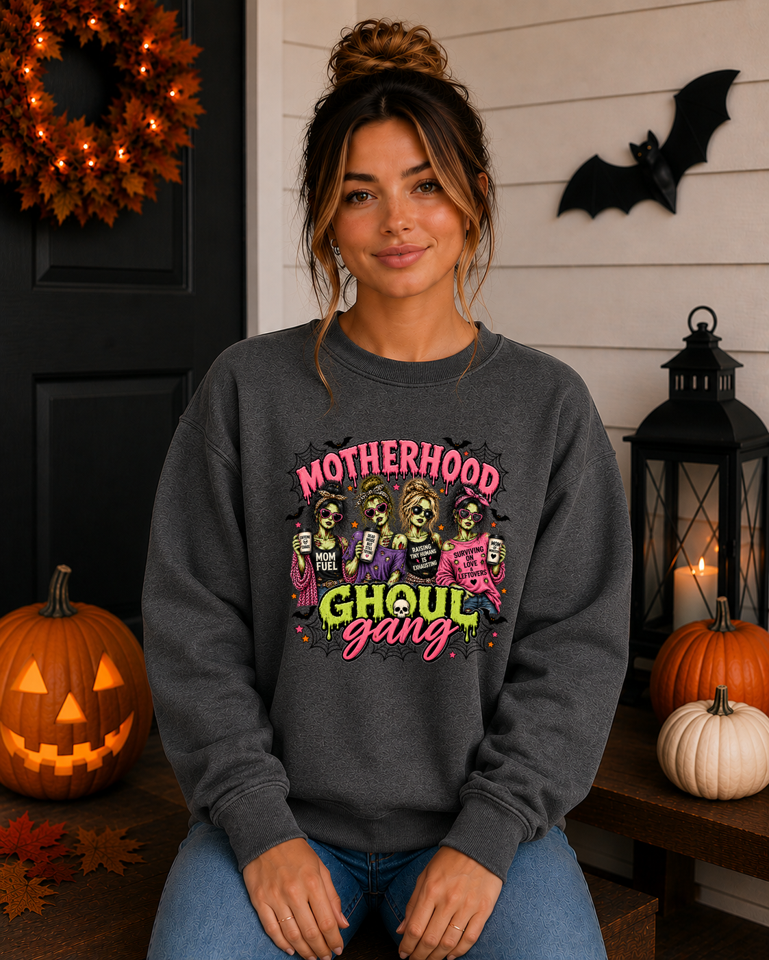 Motherhood Ghoul Gang Halloween Sweatshirt | Funny Mom Halloween Crewneck | Zombie Mom Graphic Sweatshirt | Spooky Mama Fall Shirt