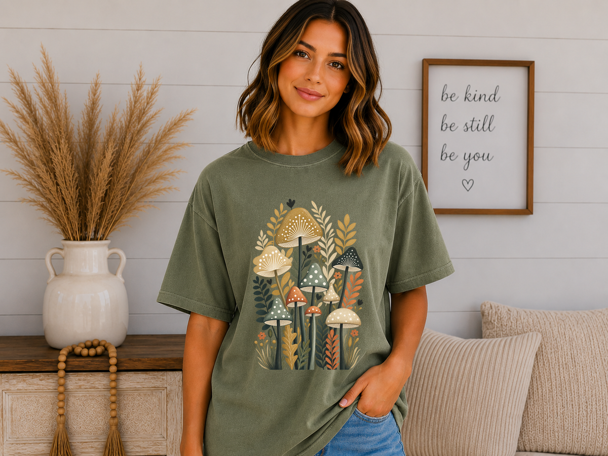 Comfort Colors Mushroom T-Shirt – Retro Botanical Mushroom Graphic Tee, Boho Woodland Nature Shirt, Cottagecore Floral Tee