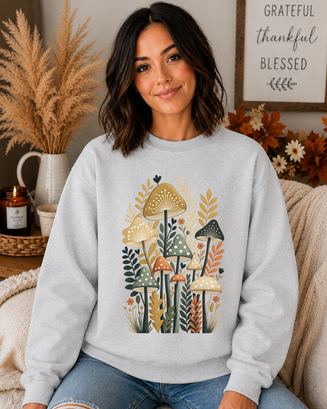 Gildan Mushroom Sweatshirt – Retro Botanical Mushroom Graphic Crewneck, Boho Woodland Nature Sweatshirt, Cottagecore Fall Pullover