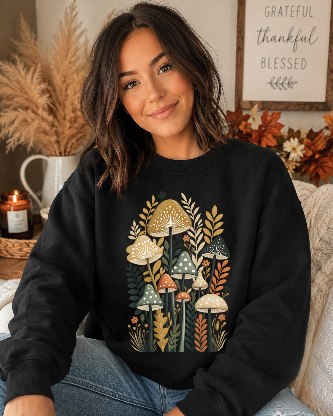 Gildan Mushroom Sweatshirt – Retro Botanical Mushroom Graphic Crewneck, Boho Woodland Nature Sweatshirt, Cottagecore Fall Pullover