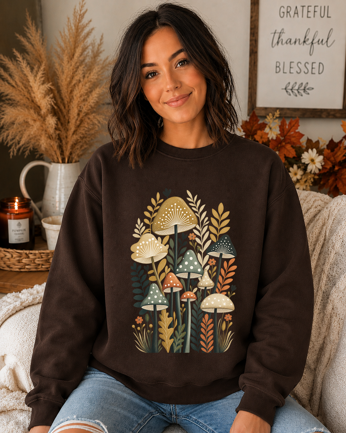 Gildan Mushroom Sweatshirt – Retro Botanical Mushroom Graphic Crewneck, Boho Woodland Nature Sweatshirt, Cottagecore Fall Pullover