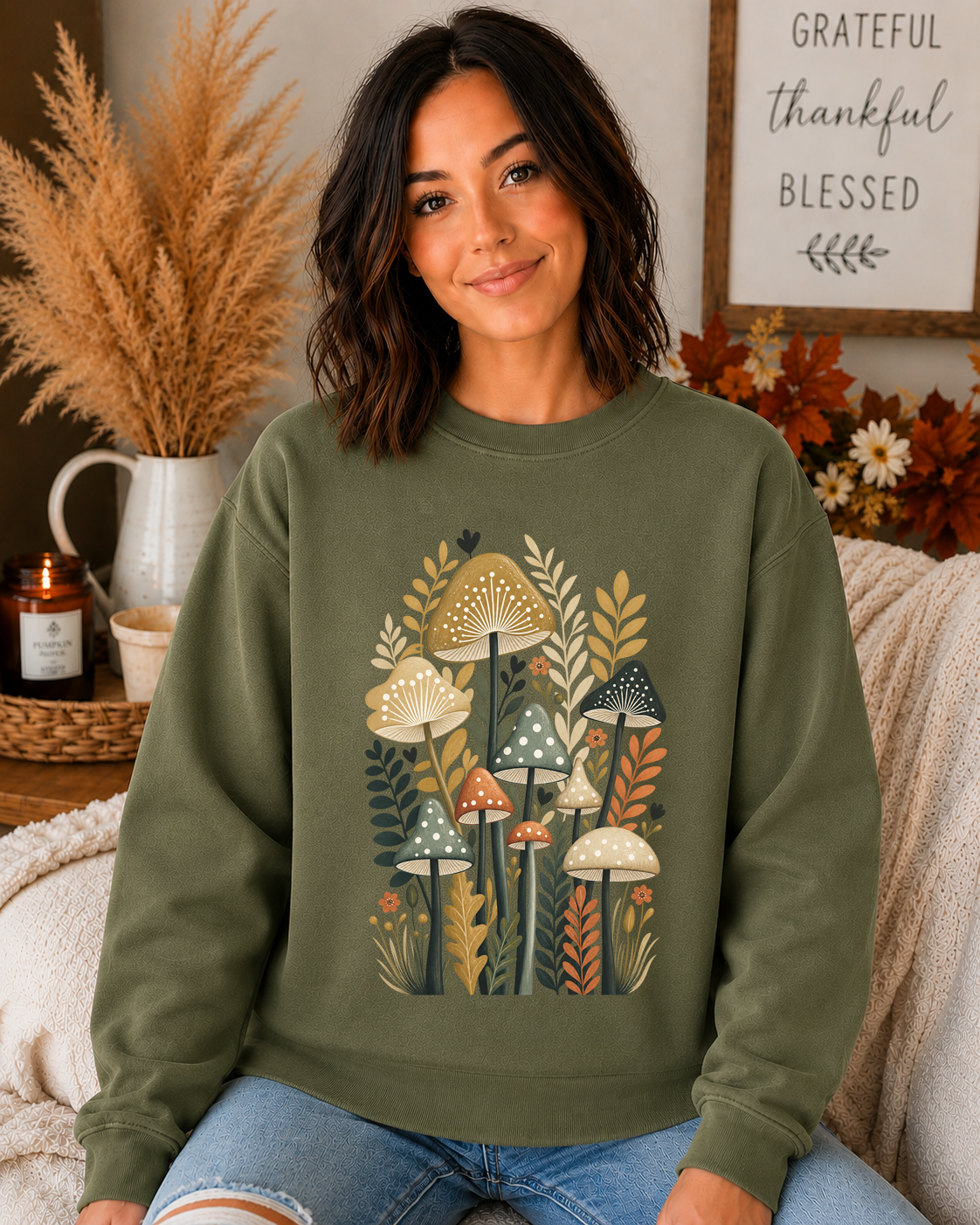Gildan Mushroom Sweatshirt – Retro Botanical Mushroom Graphic Crewneck, Boho Woodland Nature Sweatshirt, Cottagecore Fall Pullover