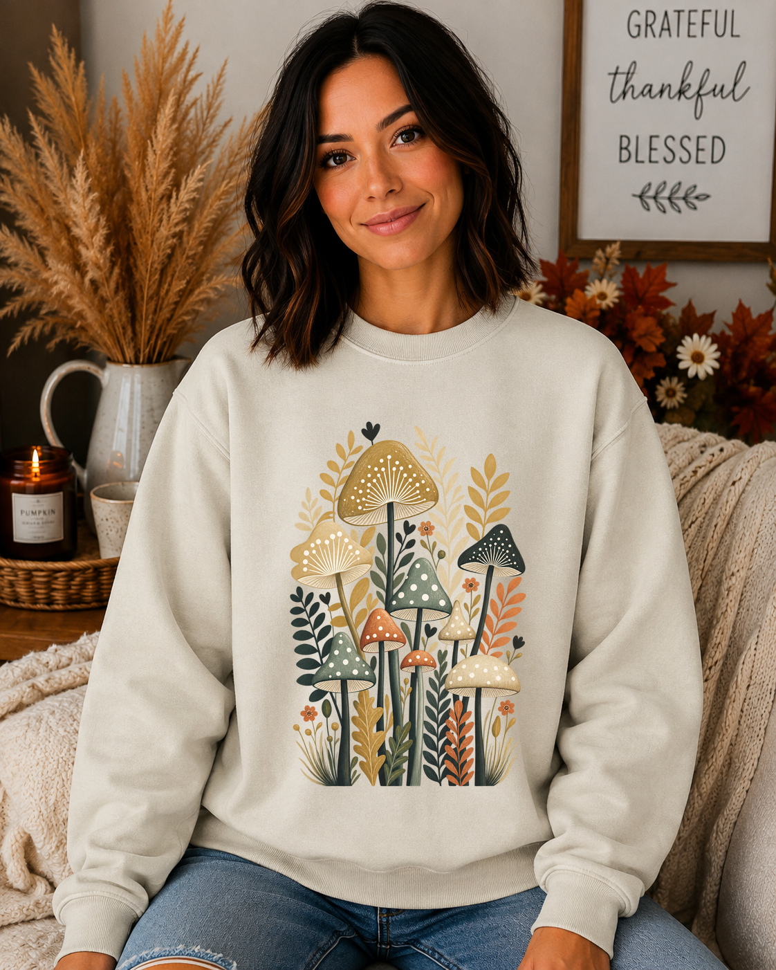 Gildan Mushroom Sweatshirt – Retro Botanical Mushroom Graphic Crewneck, Boho Woodland Nature Sweatshirt, Cottagecore Fall Pullover
