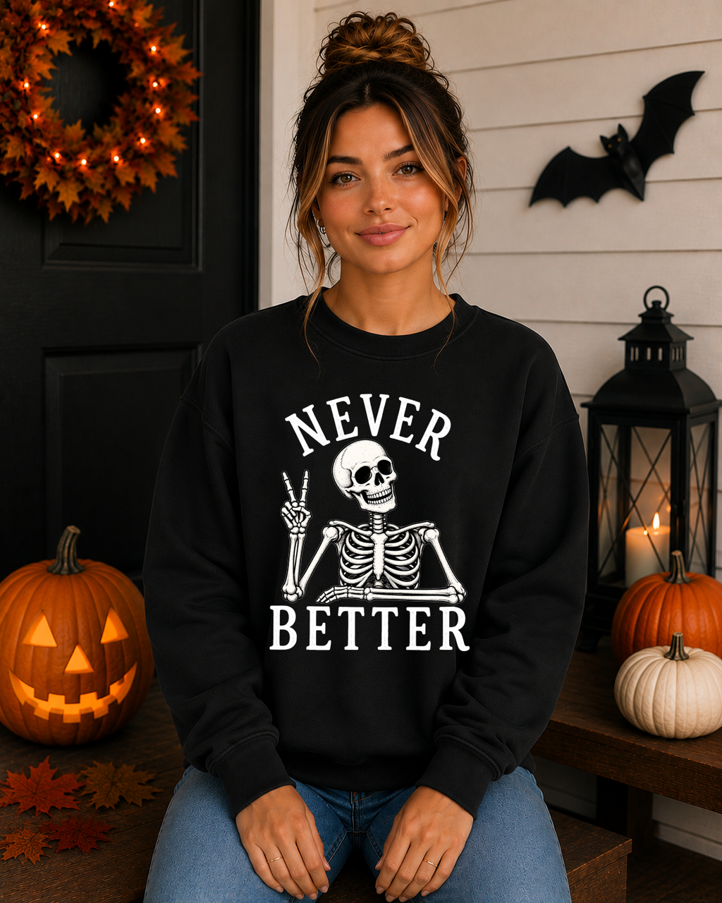 Never Better Skeleton Halloween Gildan Sweatshirt | Funny Spooky Skeleton Graphic Crewneck | Halloween Sweatshirt