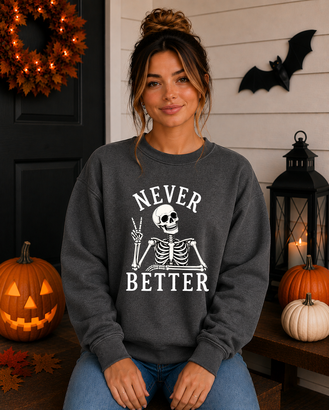 Never Better Skeleton Halloween Gildan Sweatshirt | Funny Spooky Skeleton Graphic Crewneck | Halloween Sweatshirt