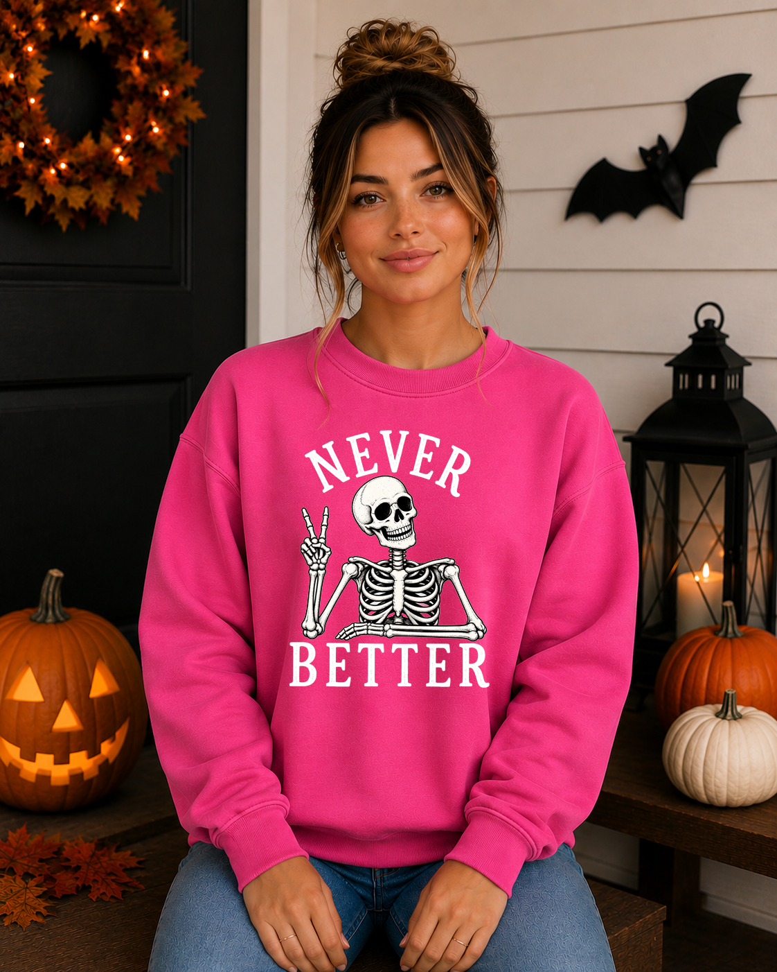 Never Better Skeleton Halloween Gildan Sweatshirt | Funny Spooky Skeleton Graphic Crewneck | Halloween Sweatshirt