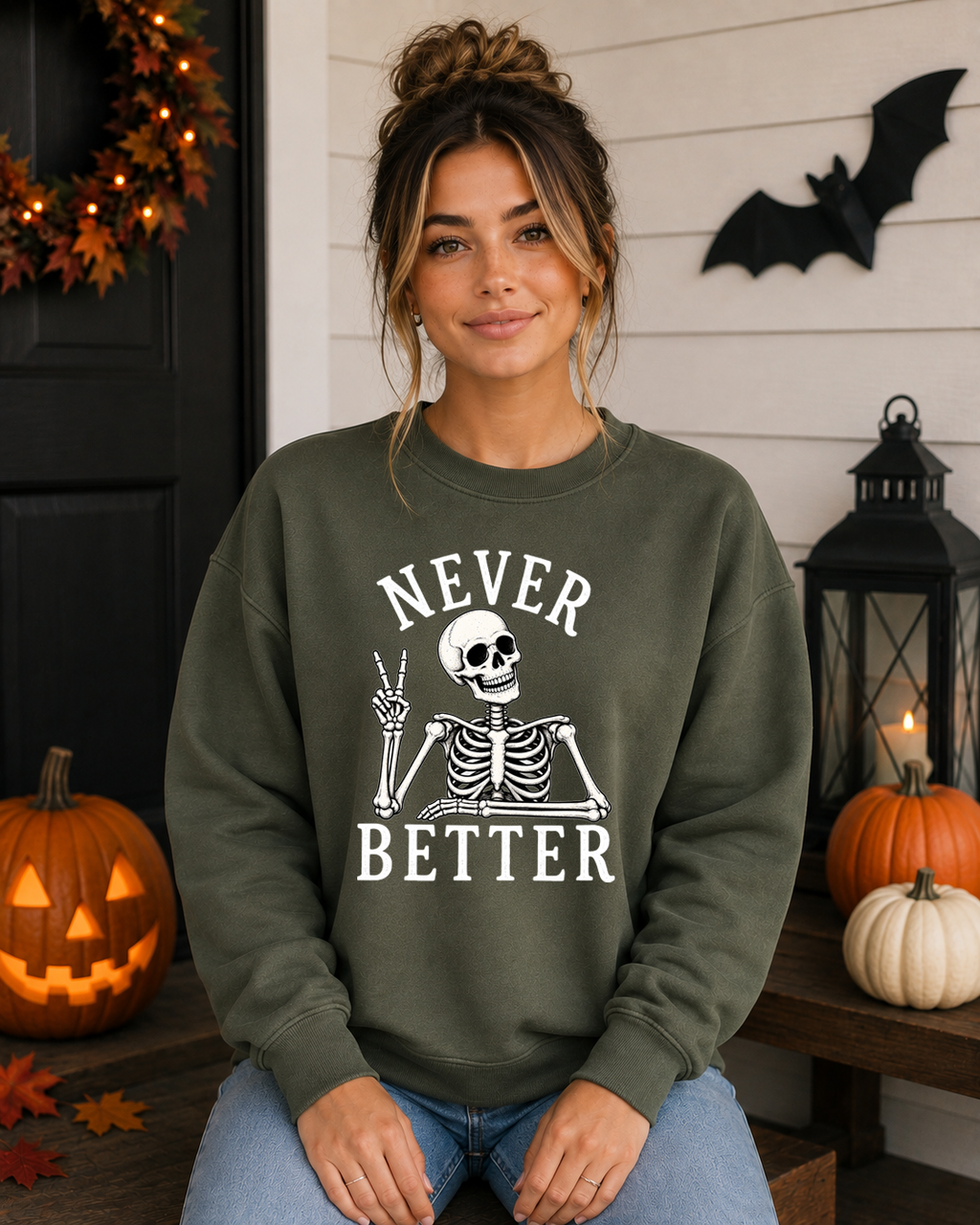 Never Better Skeleton Halloween Gildan Sweatshirt | Funny Spooky Skeleton Graphic Crewneck | Halloween Sweatshirt