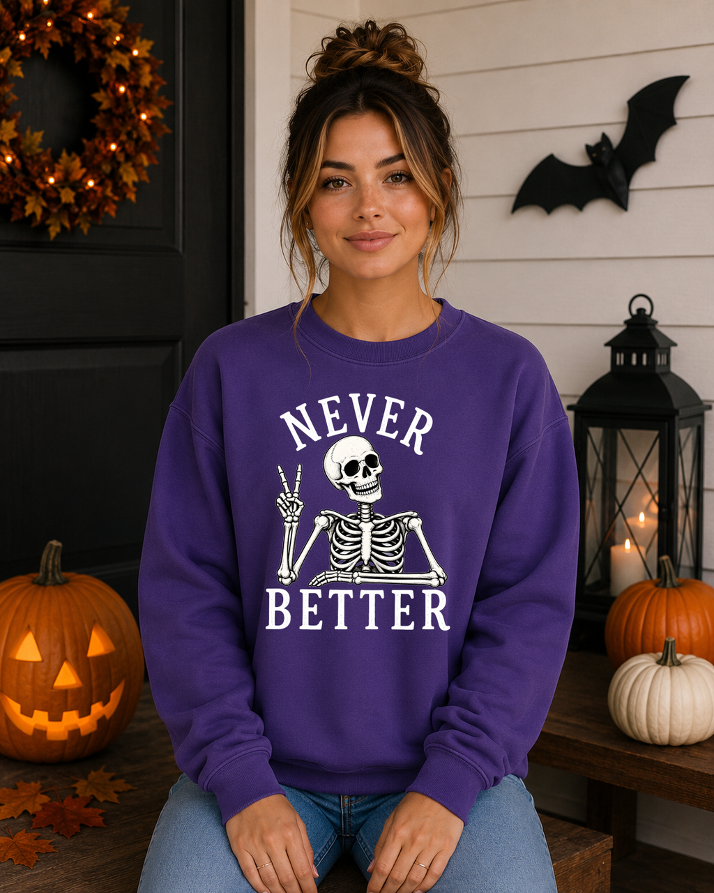 Never Better Skeleton Halloween Gildan Sweatshirt | Funny Spooky Skeleton Graphic Crewneck | Halloween Sweatshirt