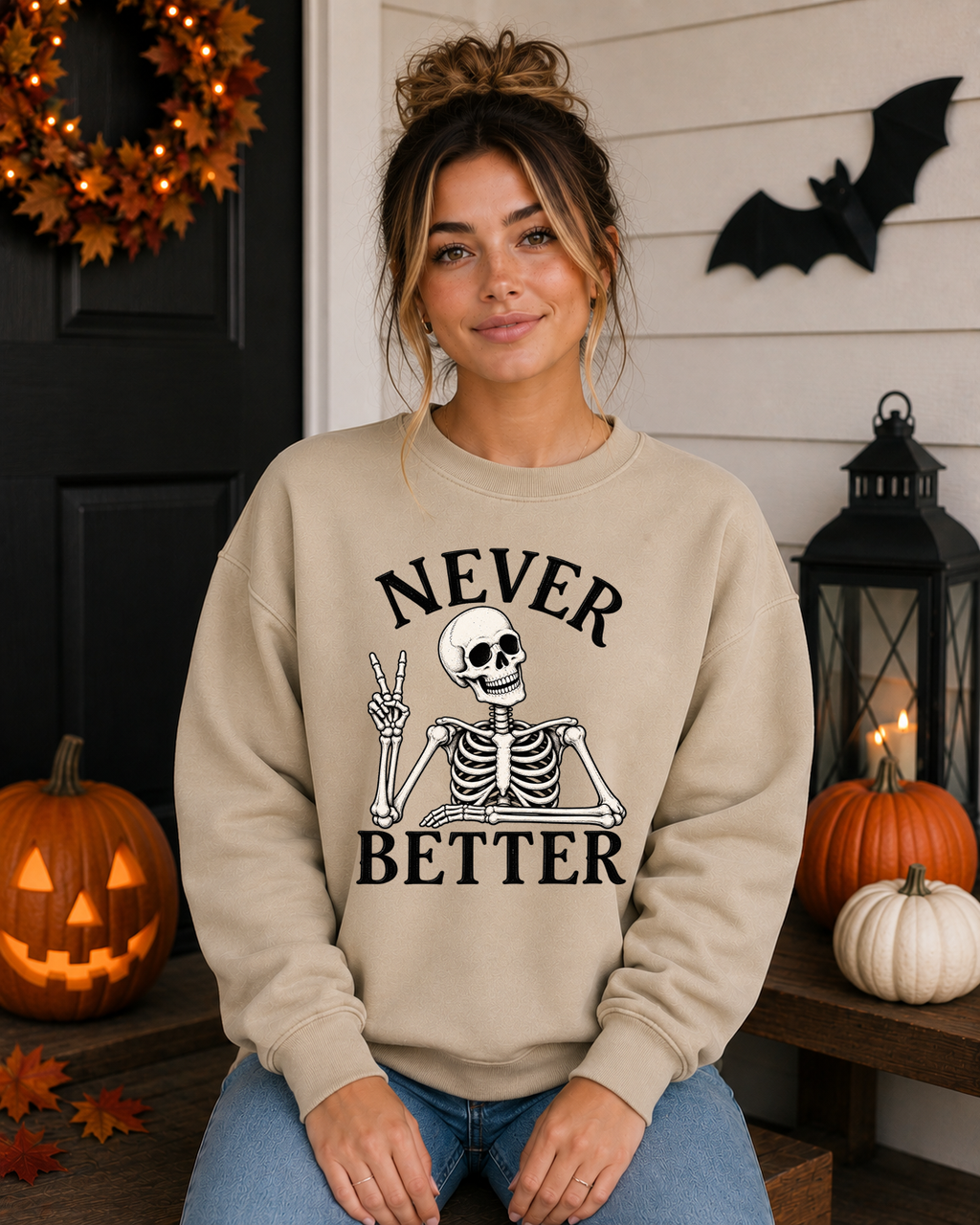 Never Better Skeleton Halloween Gildan Sweatshirt | Funny Spooky Skeleton Graphic Crewneck | Halloween Sweatshirt
