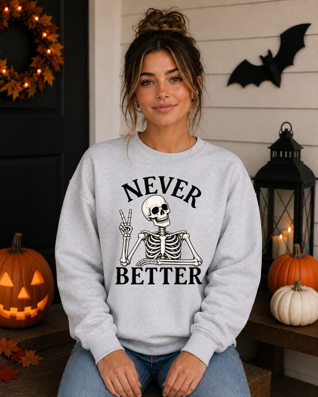 Never Better Skeleton Halloween Gildan Sweatshirt | Funny Spooky Skeleton Graphic Crewneck | Halloween Sweatshirt