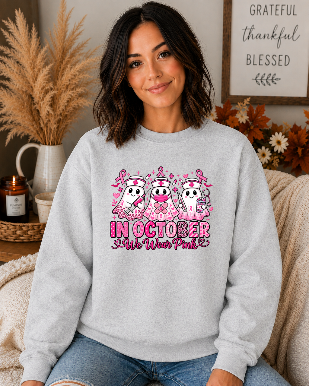 In October We Wear Pink Gildan Sweatshirt – Breast Cancer Awareness Nurse Ghost Crewneck, Pink Ribbon Halloween Shirt, Nurse Gift