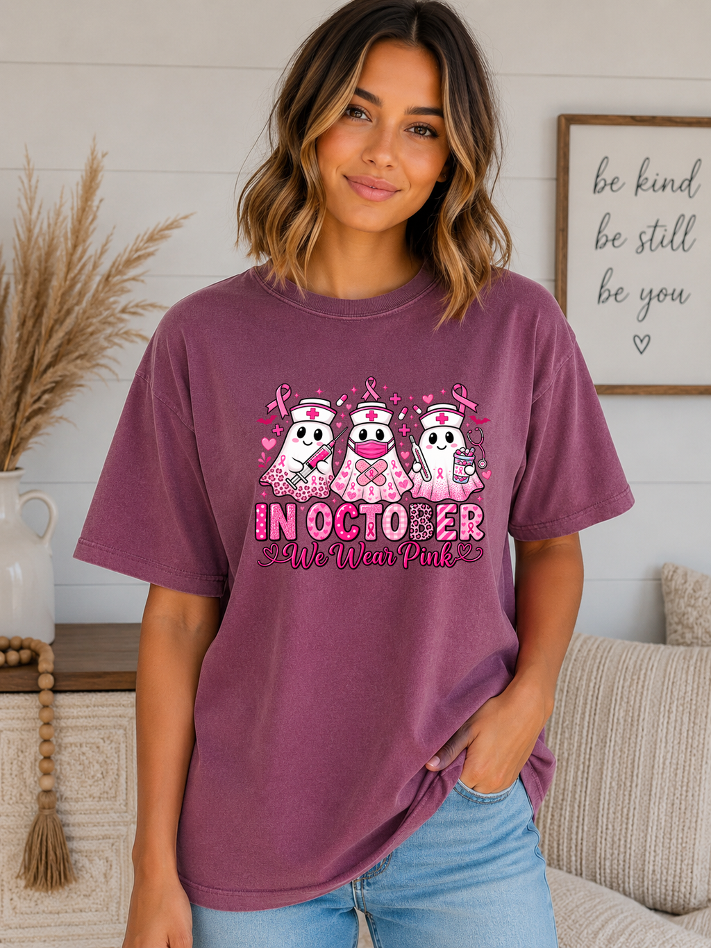 In October We Wear Pink Comfort Colors T-Shirt – Breast Cancer Awareness Nurse Ghost Tee, Pink Ribbon Halloween Shirt