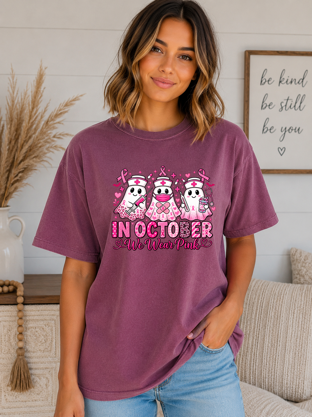 In October We Wear Pink Comfort Colors T-Shirt – Breast Cancer Awareness Nurse Ghost Tee, Pink Ribbon Halloween Shirt