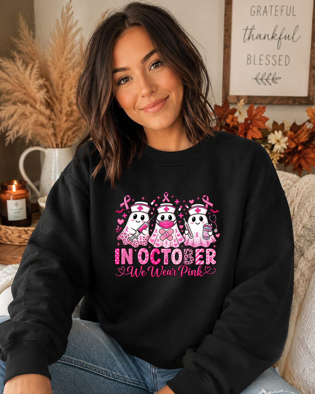 In October We Wear Pink Gildan Sweatshirt – Breast Cancer Awareness Nurse Ghost Crewneck, Pink Ribbon Halloween Shirt, Nurse Gift