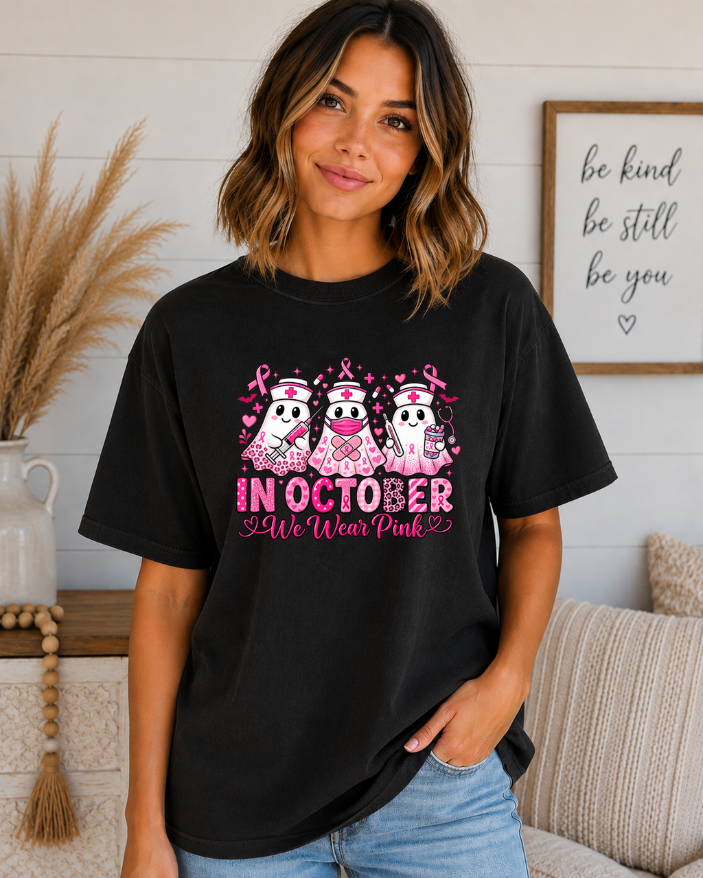In October We Wear Pink Comfort Colors T-Shirt – Breast Cancer Awareness Nurse Ghost Tee, Pink Ribbon Halloween Shirt