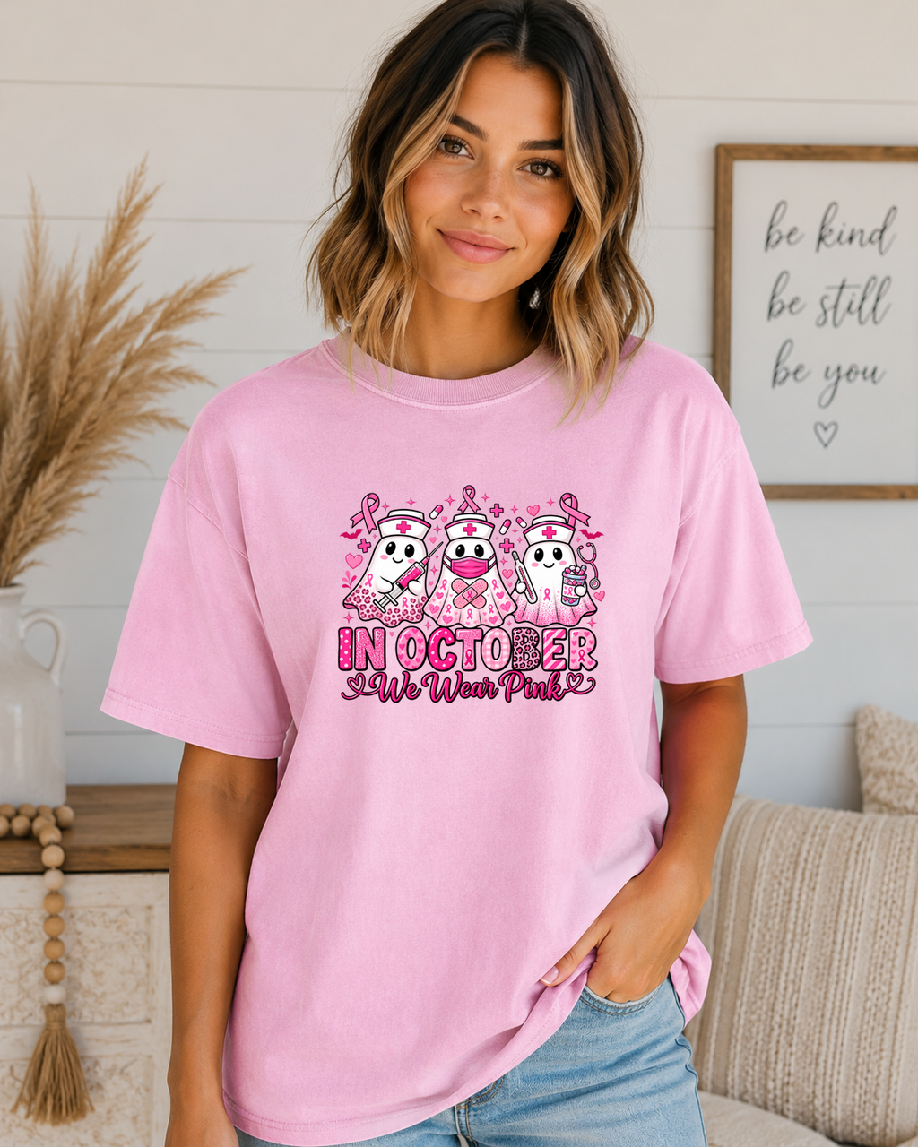 In October We Wear Pink Comfort Colors T-Shirt – Breast Cancer Awareness Nurse Ghost Tee, Pink Ribbon Halloween Shirt