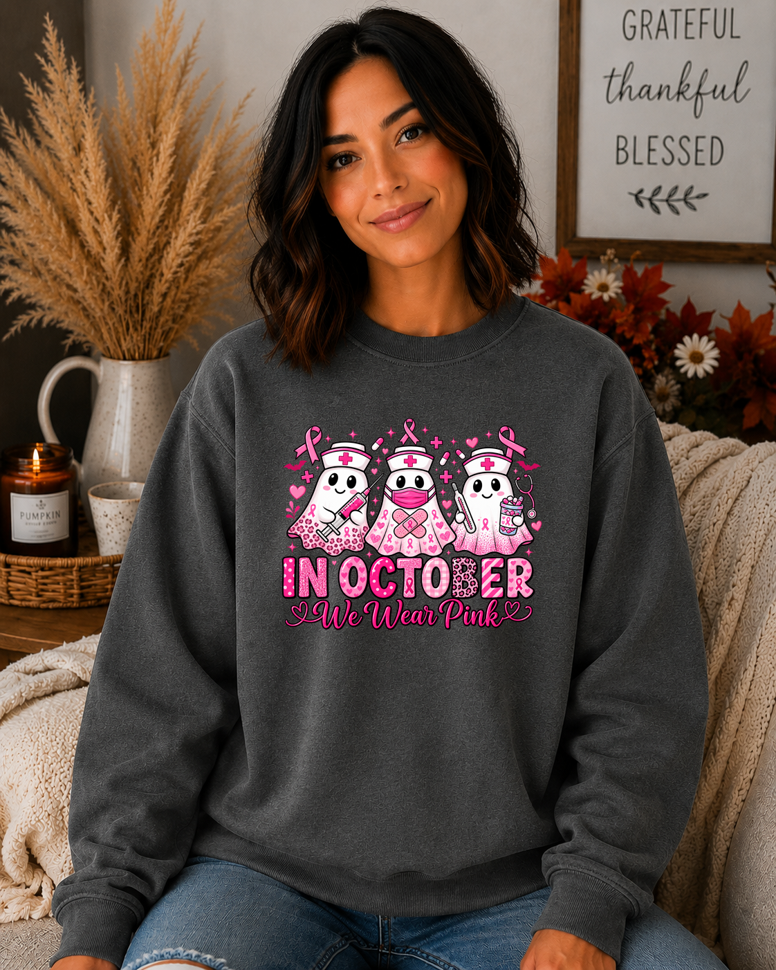 In October We Wear Pink Gildan Sweatshirt – Breast Cancer Awareness Nurse Ghost Crewneck, Pink Ribbon Halloween Shirt, Nurse Gift