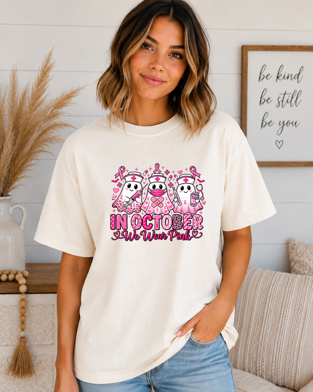 In October We Wear Pink Comfort Colors T-Shirt – Breast Cancer Awareness Nurse Ghost Tee, Pink Ribbon Halloween Shirt