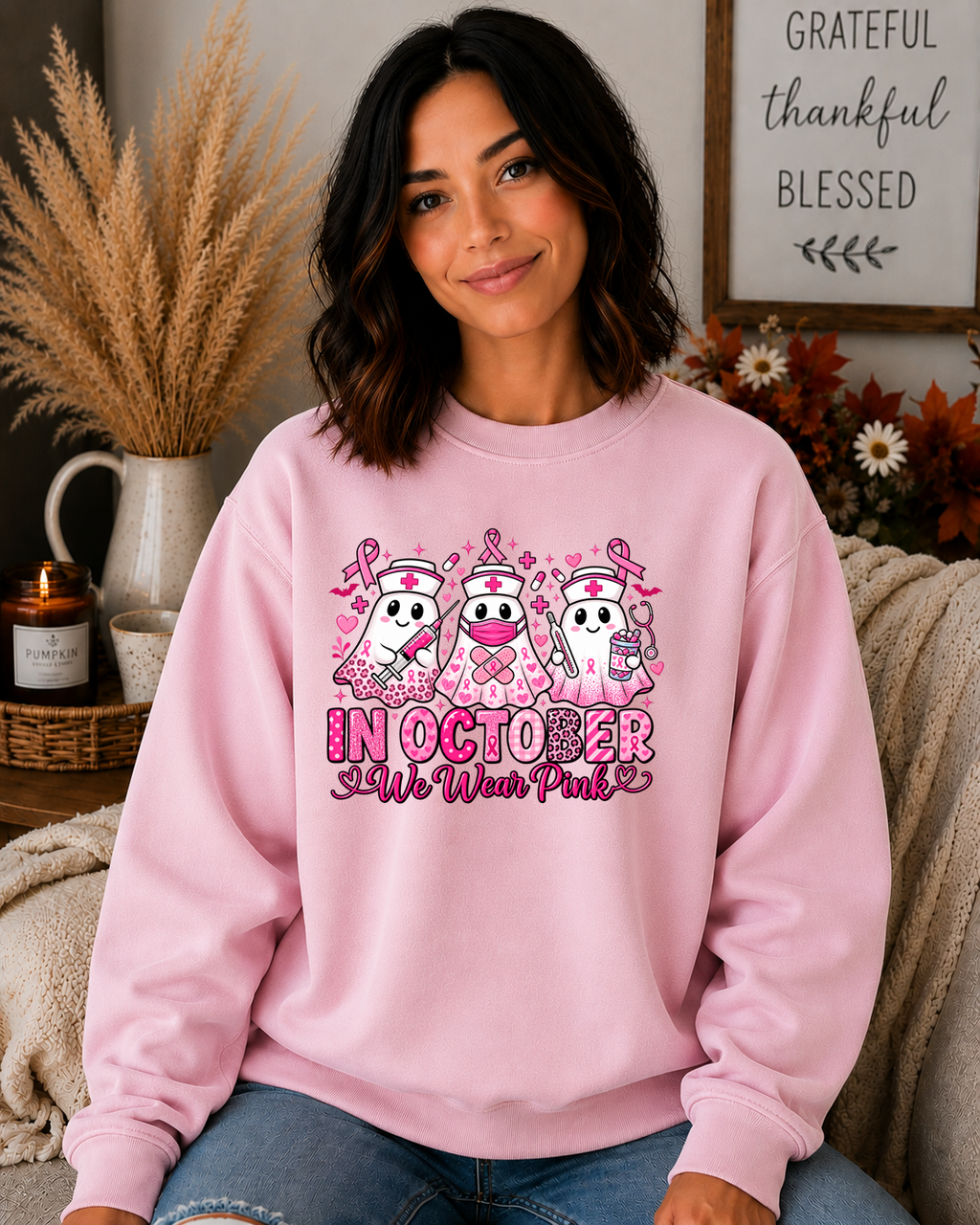 In October We Wear Pink Gildan Sweatshirt – Breast Cancer Awareness Nurse Ghost Crewneck, Pink Ribbon Halloween Shirt, Nurse Gift