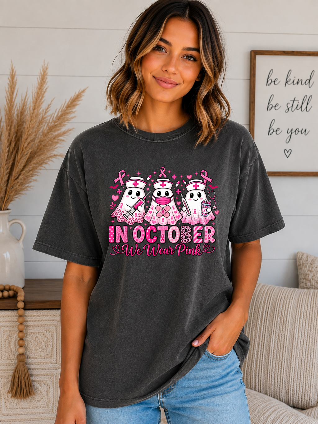 In October We Wear Pink Comfort Colors T-Shirt – Breast Cancer Awareness Nurse Ghost Tee, Pink Ribbon Halloween Shirt