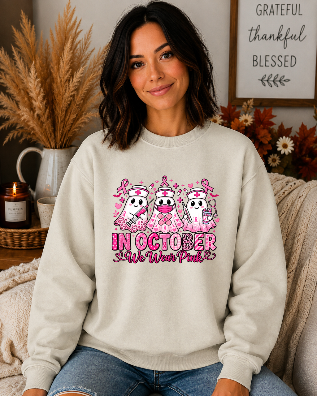 In October We Wear Pink Gildan Sweatshirt – Breast Cancer Awareness Nurse Ghost Crewneck, Pink Ribbon Halloween Shirt, Nurse Gift