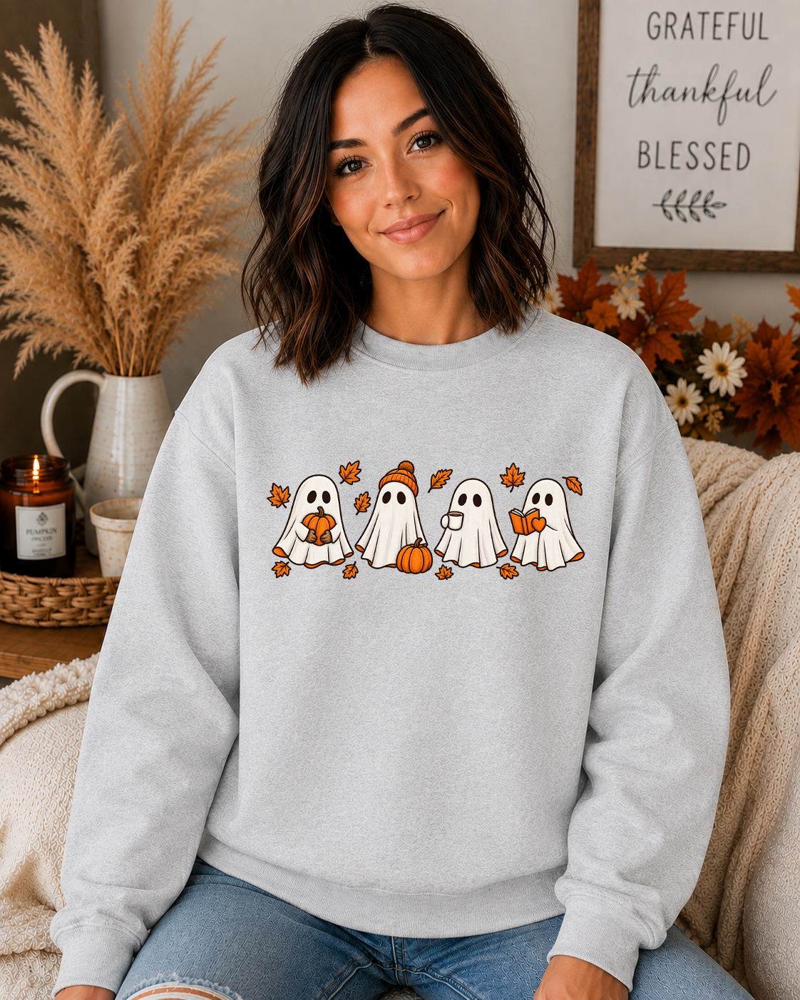Cute Fall Ghosts Halloween Sweatshirt – Cozy Ghost Pumpkin Coffee & Book Graphic Crewneck, Spooky Season Fall Sweatshirt