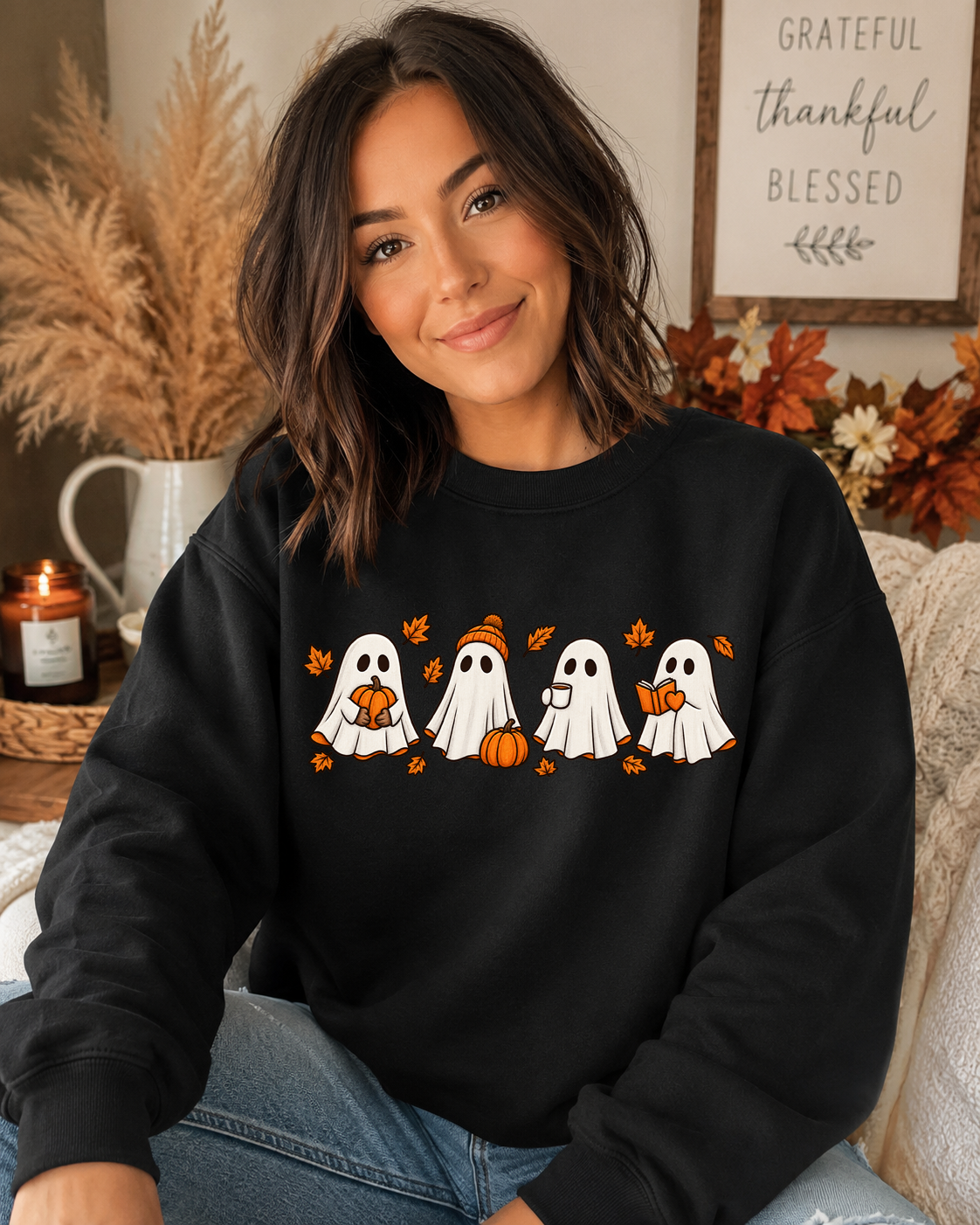 Cute Fall Ghosts Halloween Sweatshirt – Cozy Ghost Pumpkin Coffee & Book Graphic Crewneck, Spooky Season Fall Sweatshirt